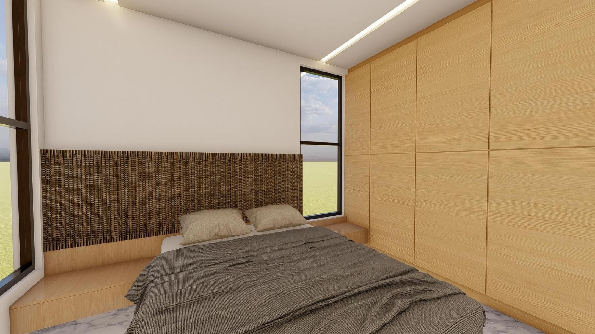 Architect's rendering. Bedroom 2 with a full timber wall and a woven headboard.