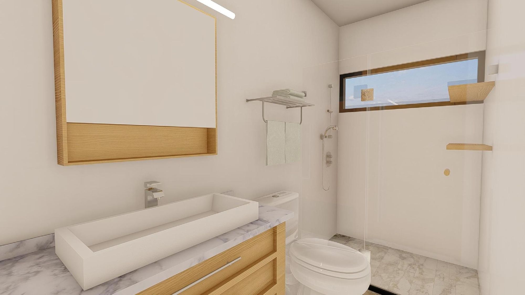 Architect's rendering. The common toilet and bath with a marble-look counter and timber vanity.