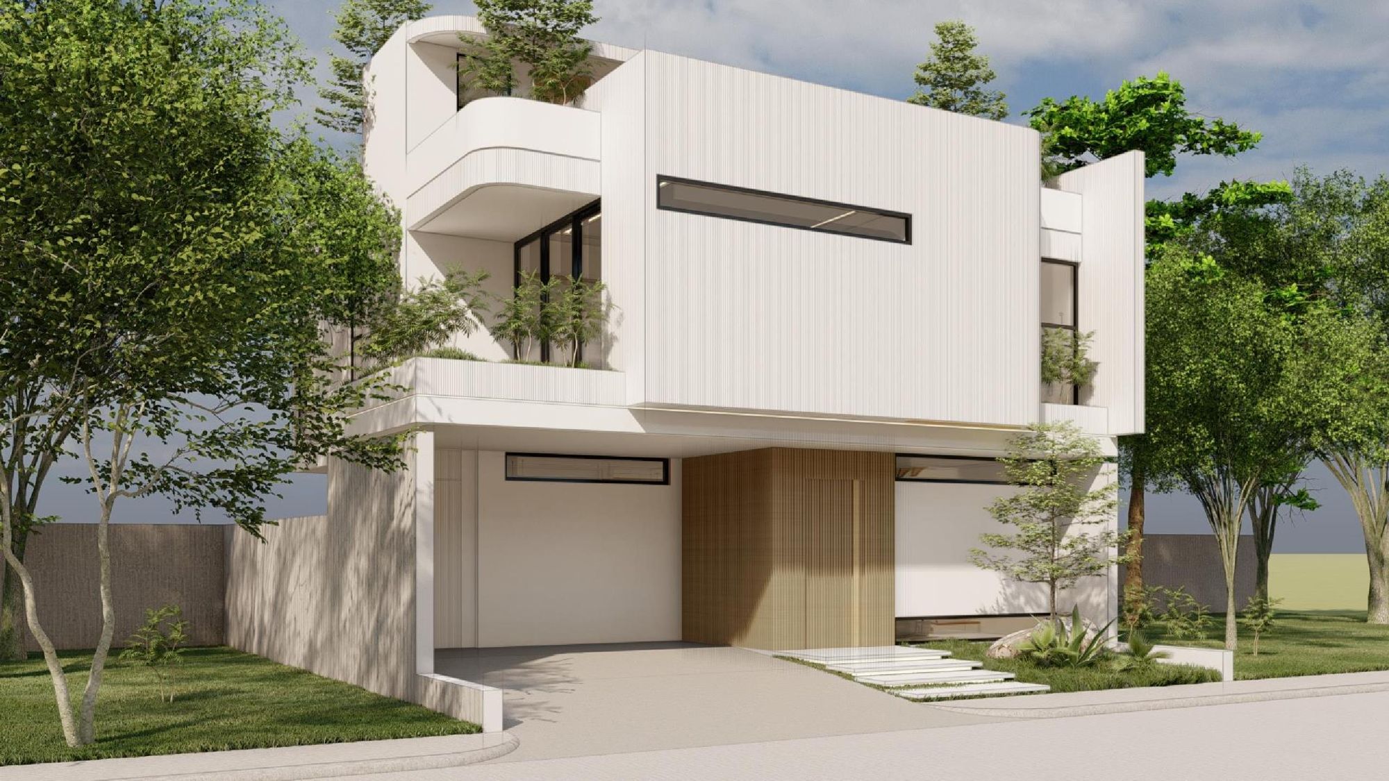 Architect's rendering. Sweeping House from the street corner: white fluted facade, curved balconies and a timber-clad entrance.