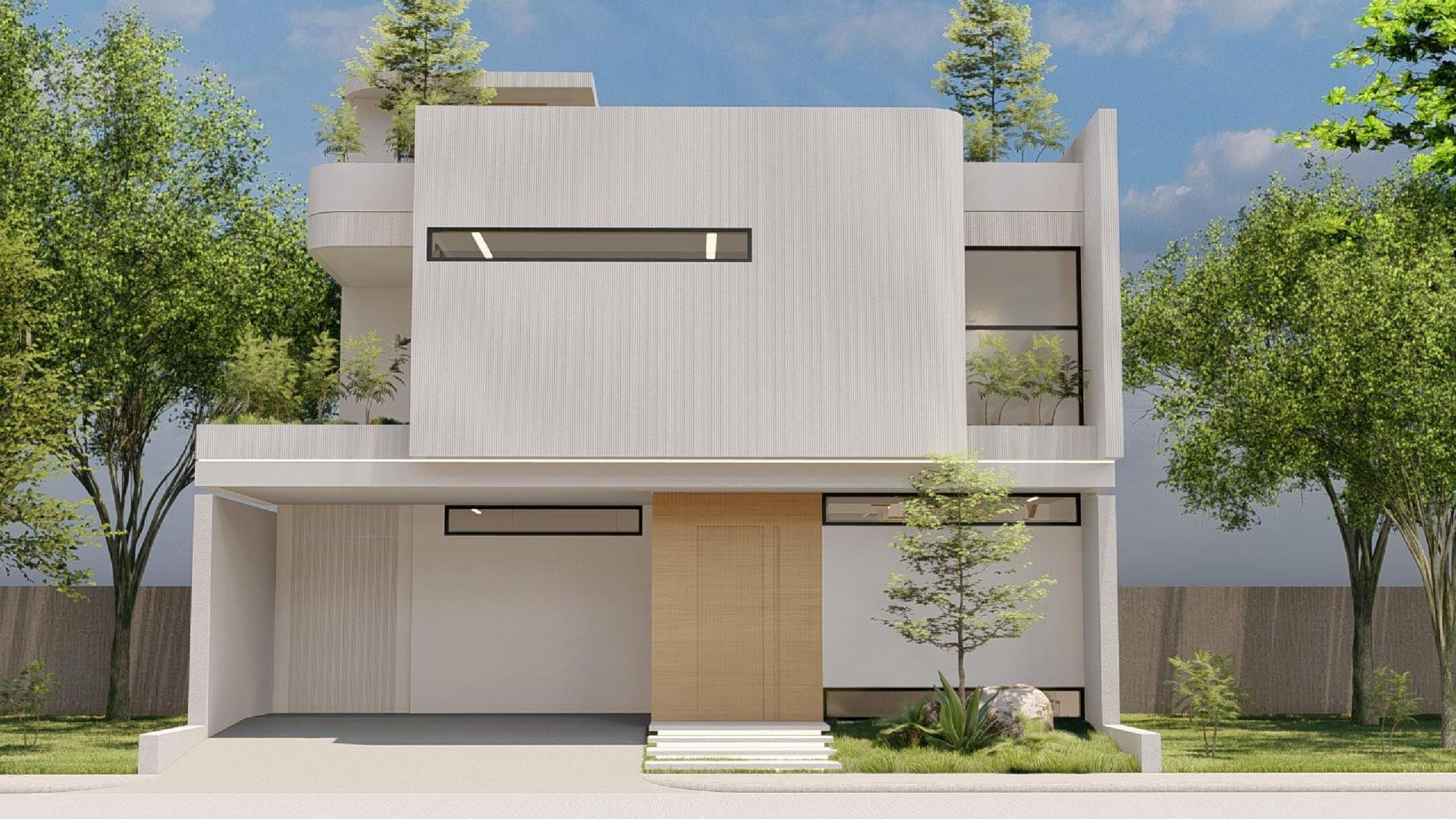 Architect's rendering. The front elevation with the carport, timber entrance and a long slot window across the upper storey.