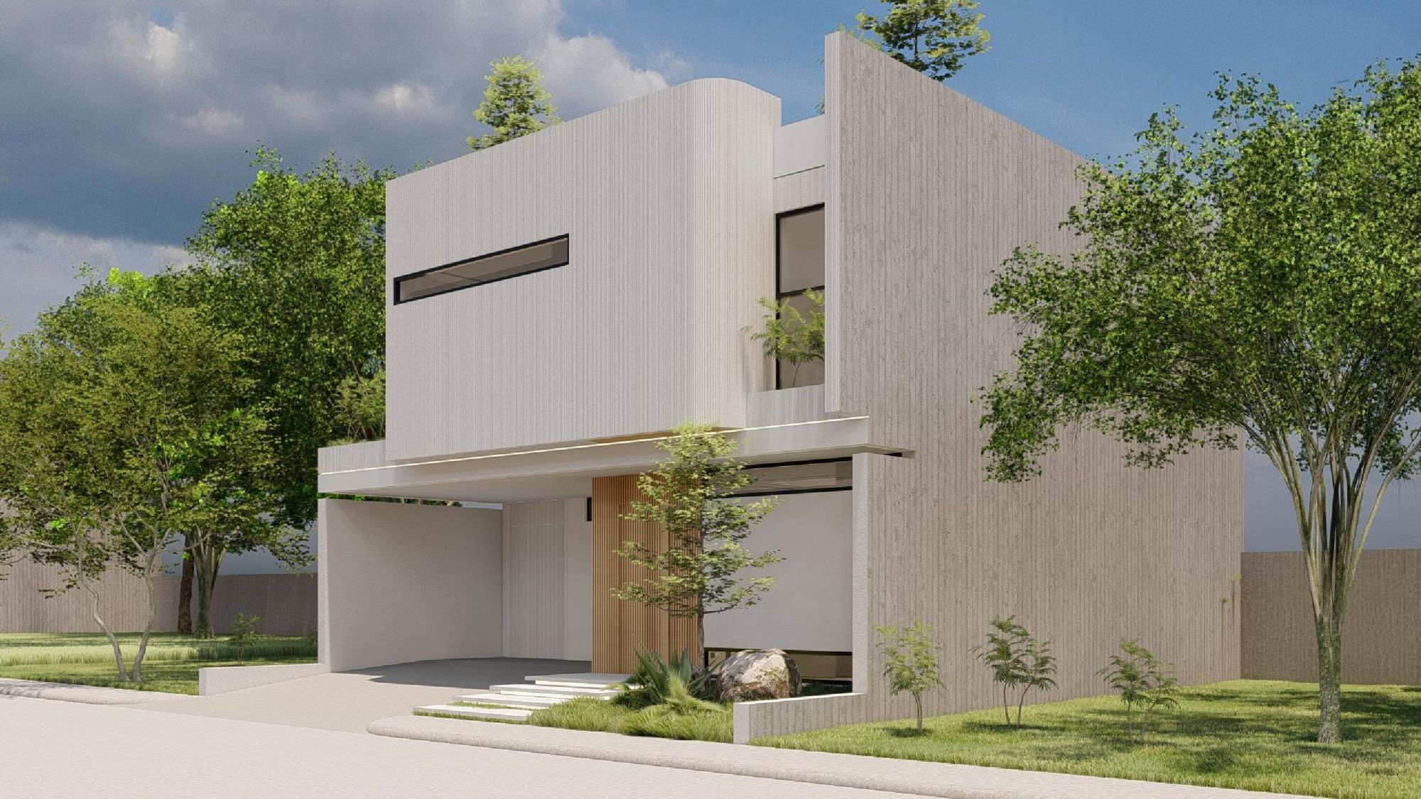 Architect's rendering. The house from the right side, with planting along the boundary.