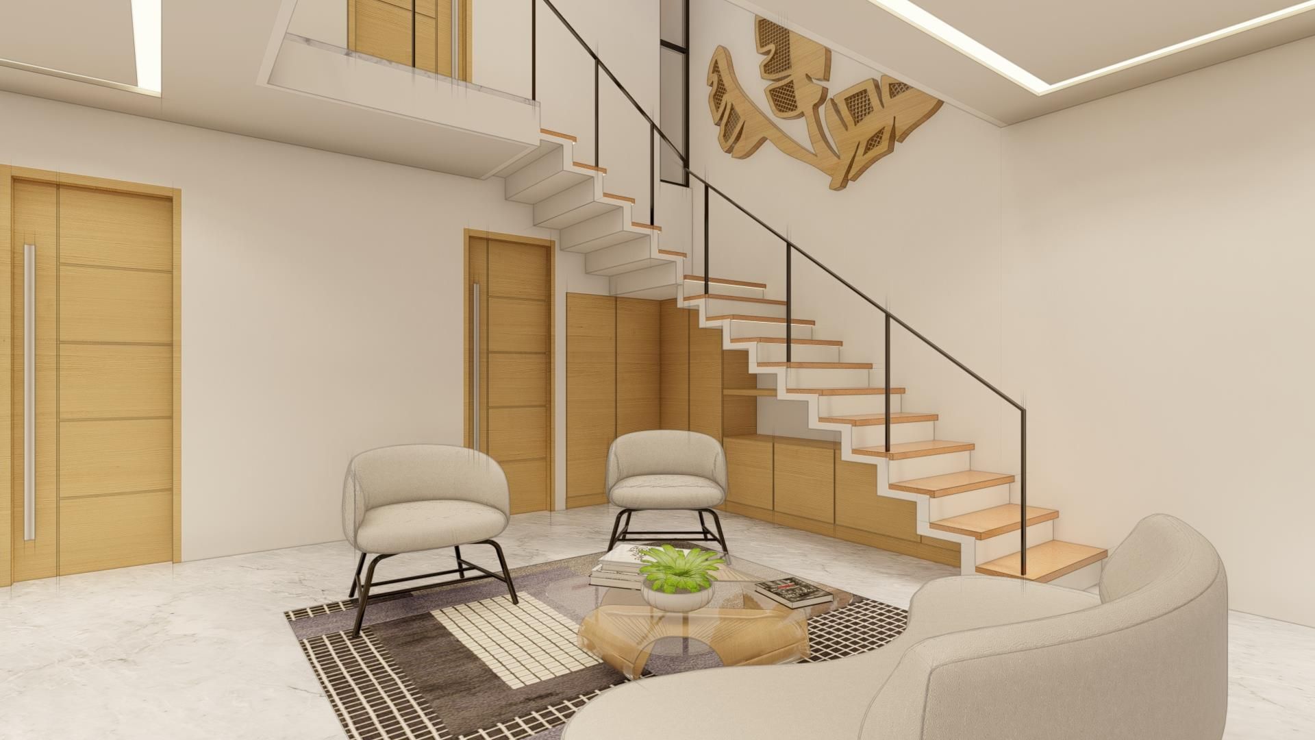 Architect's rendering. The living area under the open stair, with timber doors and a woven leaf artwork.