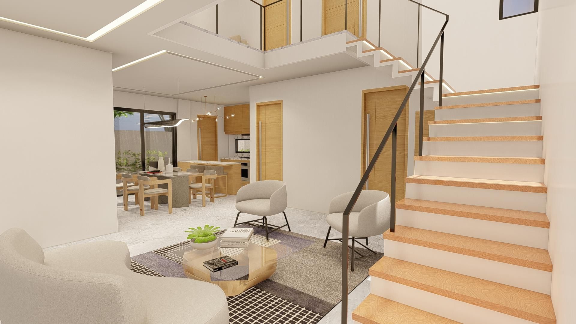 Architect's rendering. Looking from the living area through to the dining area and kitchen.