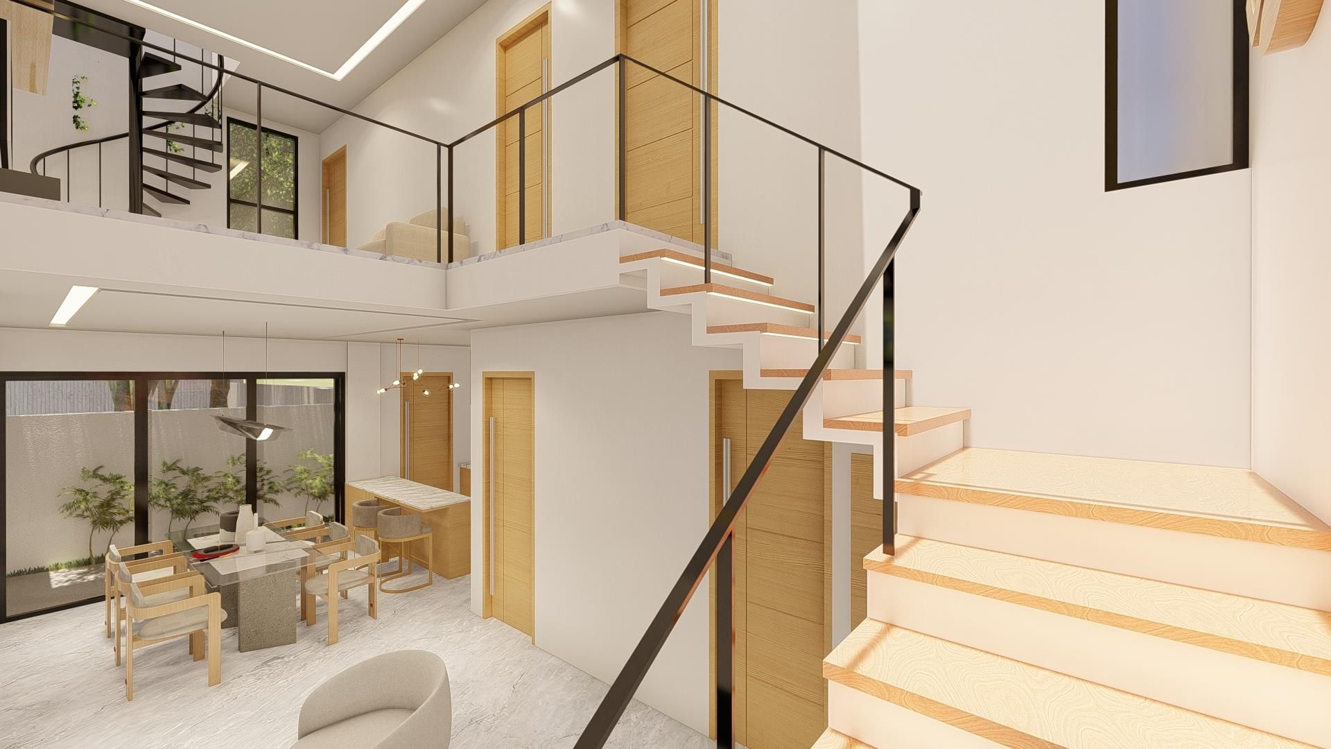 Architect's rendering. The main stair with timber treads, rising to the second-floor family area.