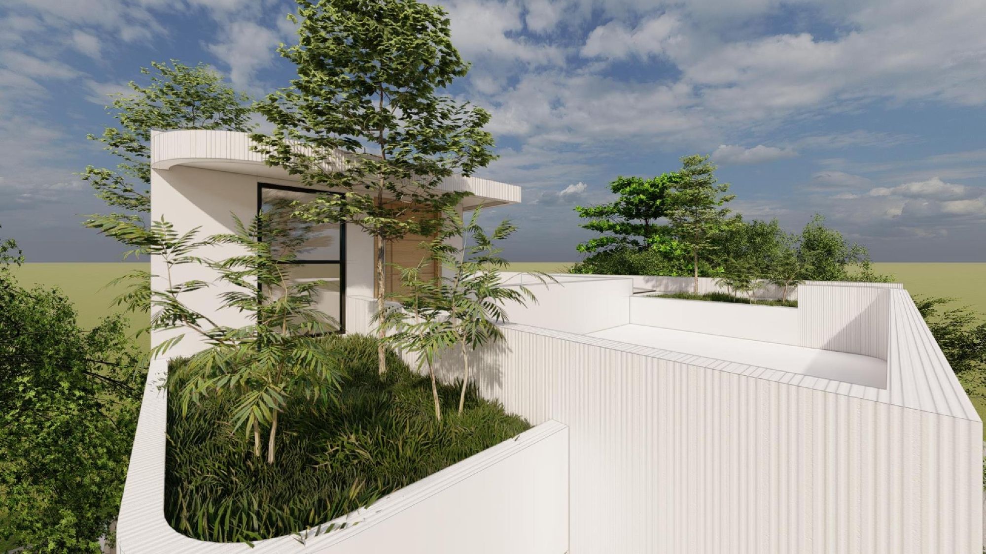 Architect's rendering. The roof deck, wrapped by a curved fluted parapet around a raised planter.