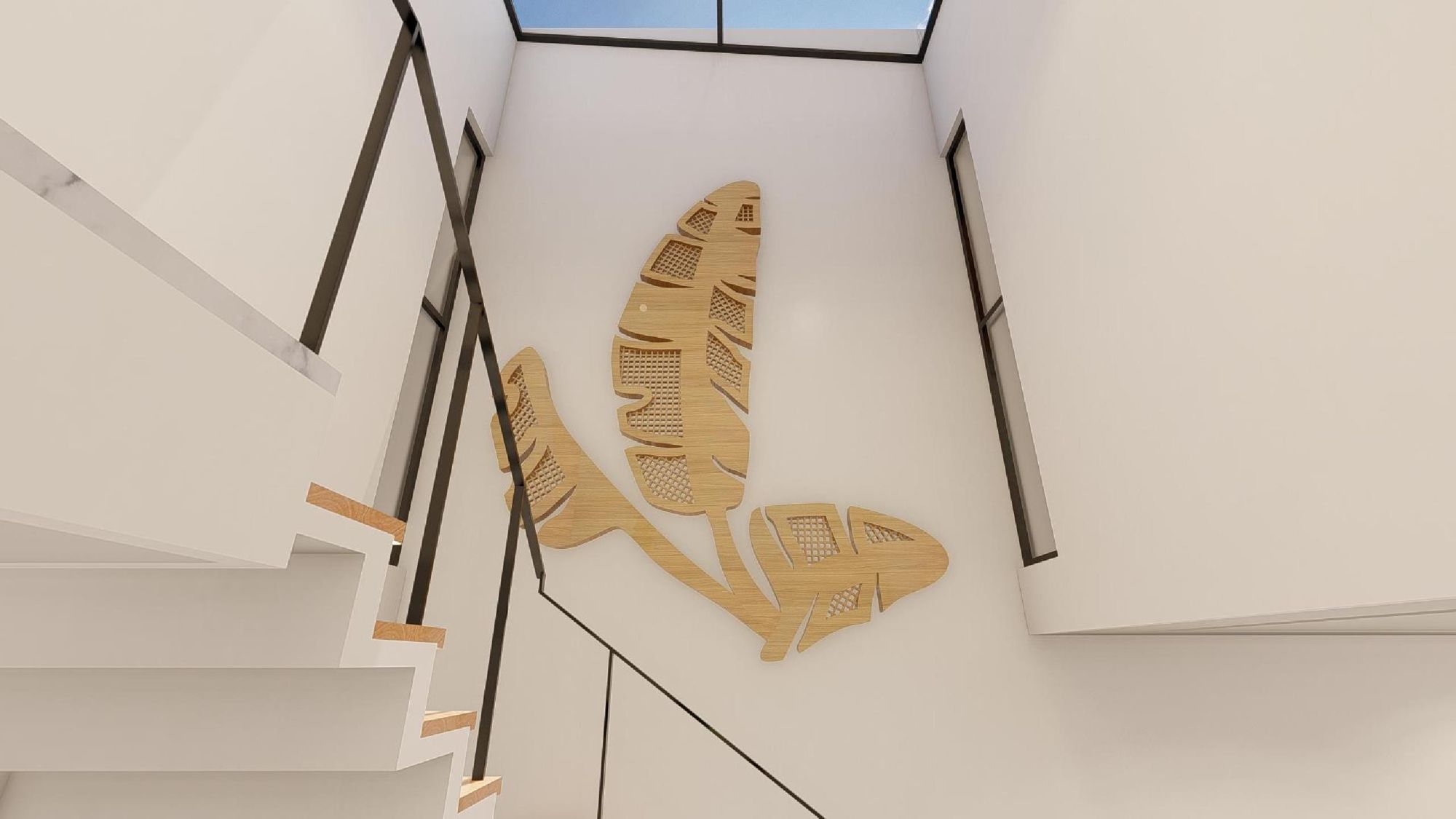 Architect's rendering. Looking up the stair to the skylight.
